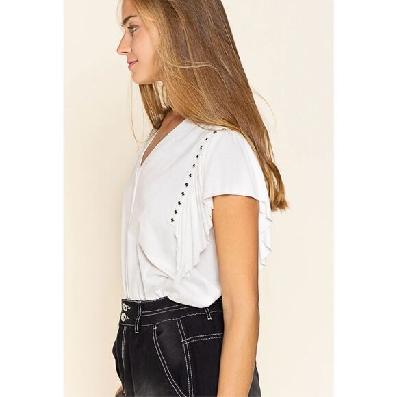 POL Studded V-Neck Top With Flutter Sleeve Off White Size L - Picture 10 of 11